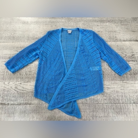 Chico’s Women’s Tie-Front Pointelle Stitch Cardigan Sweater Blue Sz 1/Medum NWOT - Picture 2 of 11